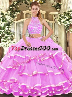 Free and Easy Sleeveless Tulle Floor Length Criss Cross 15th Birthday Dress in Lilac with Beading and Ruffled Layers