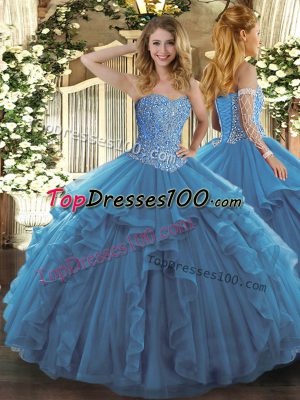 Latest Teal Ball Gowns Tulle Sweetheart Sleeveless Beading and Ruffles Floor Length Lace Up Sweet 16 Dresses