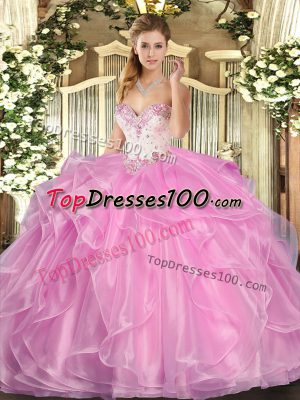 Rose Pink Lace Up Vestidos de Quinceanera Beading and Ruffles Sleeveless Floor Length