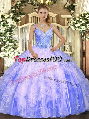 Lavender Sleeveless Beading and Ruffles Floor Length Quince Ball Gowns