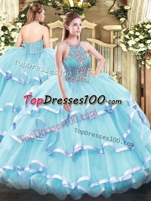Flare Aqua Blue Tulle Lace Up Halter Top Sleeveless Floor Length Sweet 16 Dresses Beading and Ruffled Layers