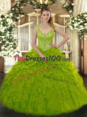 Stunning Olive Green Sleeveless Floor Length Beading and Ruffles Zipper Ball Gown Prom Dress