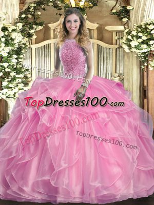 Chic Floor Length Lace Up Quinceanera Gowns Rose Pink for Military Ball and Sweet 16 and Quinceanera with Beading and Ruffles
