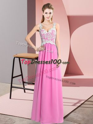Glittering Lace Dress for Prom Rose Pink Zipper Sleeveless Floor Length