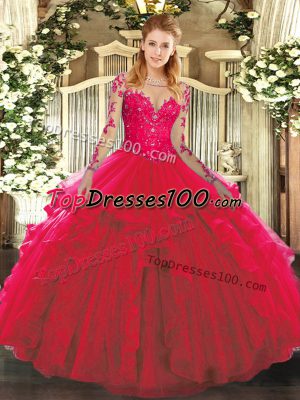 Exquisite Floor Length Lace Up Quinceanera Gowns Red for Military Ball and Sweet 16 and Quinceanera with Lace and Ruffles
