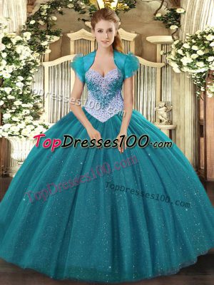 Best Floor Length Teal Sweet 16 Quinceanera Dress Sweetheart Sleeveless Lace Up