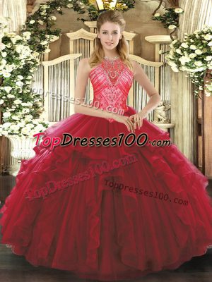 Traditional Ruffles Sweet 16 Dresses Wine Red Lace Up Sleeveless Floor Length