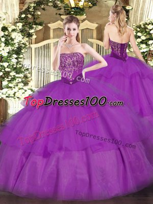 Purple Sleeveless Floor Length Beading and Ruffled Layers Lace Up Ball Gown Prom Dress