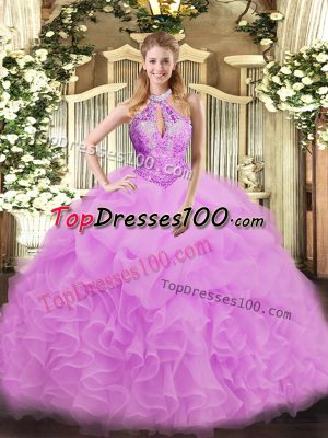 Sleeveless Organza Floor Length Lace Up 15th Birthday Dress in Lilac with Beading