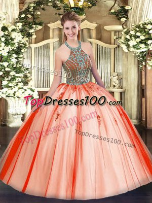 Floor Length Ball Gowns Sleeveless Coral Red Quinceanera Gown Lace Up