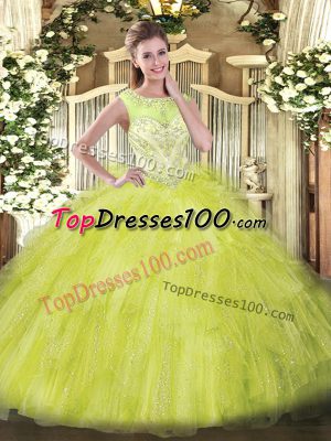 Yellow Green Organza Zipper Scoop Sleeveless Floor Length Ball Gown Prom Dress Beading and Ruffles