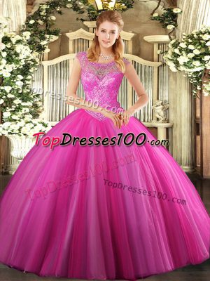 Hot Pink Lace Up Scoop Beading Quinceanera Gowns Tulle Sleeveless