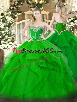 Beading and Ruffles Quinceanera Gowns Green Lace Up Sleeveless Floor Length