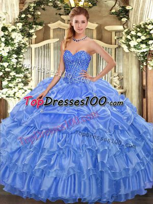 Attractive Baby Blue Ball Gowns Beading and Ruffled Layers and Pick Ups Sweet 16 Dresses Lace Up Organza Sleeveless Floor Length