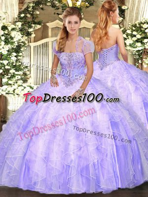 Pretty Appliques and Ruffles Quinceanera Gown Lavender Lace Up Sleeveless Floor Length