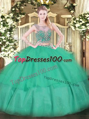 Floor Length Lace Up Sweet 16 Quinceanera Dress Turquoise for Military Ball and Sweet 16 and Quinceanera with Beading and Ruffled Layers