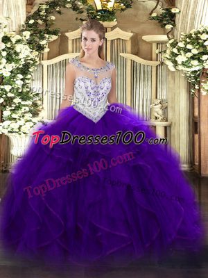 Purple Zipper Scoop Beading and Ruffles Sweet 16 Dresses Tulle Sleeveless