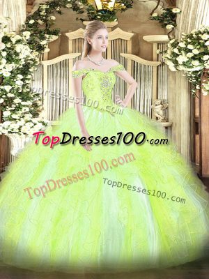 Simple Off The Shoulder Sleeveless Vestidos de Quinceanera Floor Length Beading and Ruffles Yellow Green Tulle