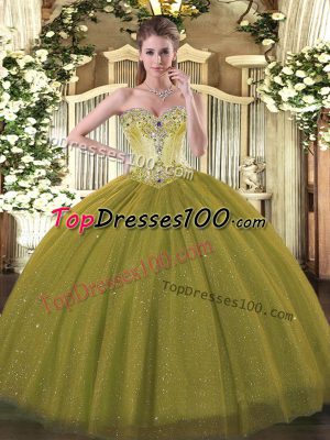 Great Olive Green Lace Up Sweetheart Beading 15 Quinceanera Dress Tulle and Sequined Sleeveless