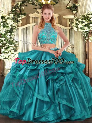 Turquoise Two Pieces Organza Halter Top Sleeveless Beading and Ruffled Layers Asymmetrical Criss Cross Ball Gown Prom Dress