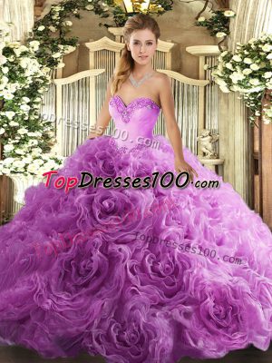 Lilac Ball Gowns Fabric With Rolling Flowers Sweetheart Sleeveless Beading Floor Length Lace Up 15th Birthday Dress