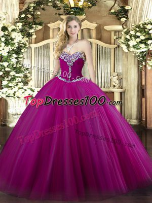 Fuchsia Tulle Lace Up Sweetheart Sleeveless Floor Length Quince Ball Gowns Beading