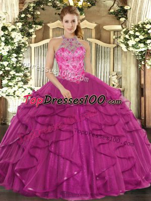 Fine Floor Length Ball Gowns Sleeveless Fuchsia Vestidos de Quinceanera Lace Up