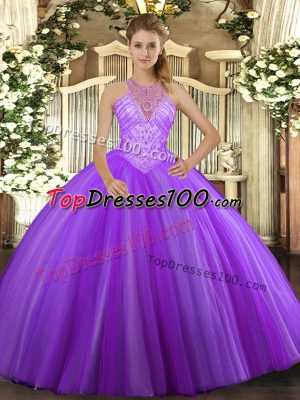 Floor Length Lace Up Quinceanera Gown Lavender for Military Ball and Sweet 16 and Quinceanera with Beading