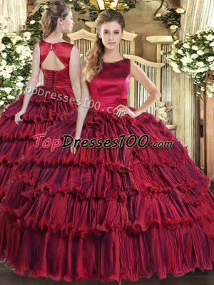 High End Scoop Sleeveless Lace Up Quince Ball Gowns Wine Red Organza