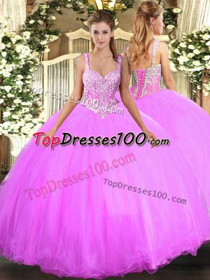 Cheap Tulle Straps Sleeveless Lace Up Beading Vestidos de Quinceanera in Lilac