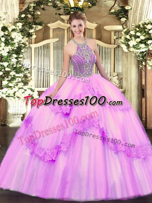 Ball Gowns Quinceanera Gowns Lilac Halter Top Tulle Sleeveless Floor Length Lace Up