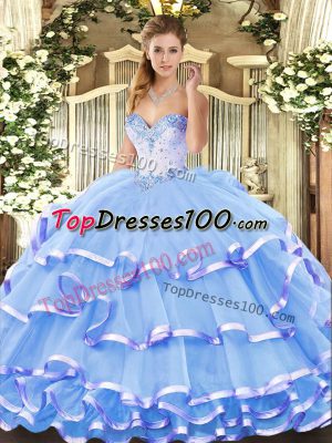 Fancy Blue Sleeveless Organza Lace Up Vestidos de Quinceanera for Military Ball and Sweet 16 and Quinceanera
