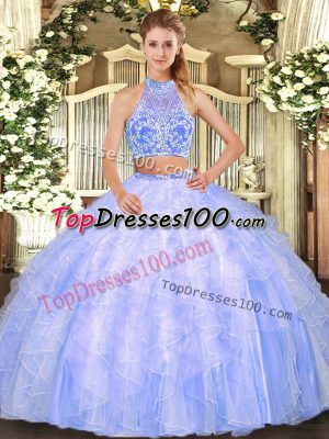 Charming Floor Length Two Pieces Sleeveless Lavender Quinceanera Gowns Criss Cross