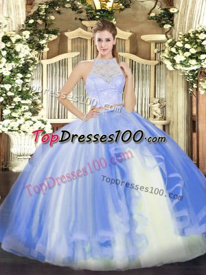 Beautiful Baby Blue Sleeveless Floor Length Lace and Ruffles Zipper Quinceanera Dress