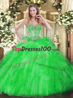 Perfect Tulle Sweetheart Sleeveless Lace Up Beading and Ruffles Sweet 16 Dress in Green