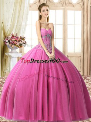 Custom Fit Fuchsia Lace Up Quinceanera Gowns Beading Sleeveless Floor Length