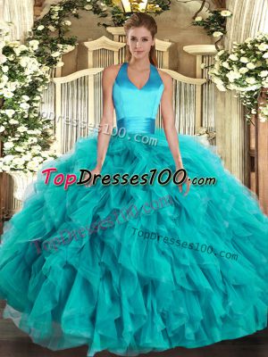 Turquoise Lace Up Halter Top Ruffles Sweet 16 Dresses Organza Sleeveless