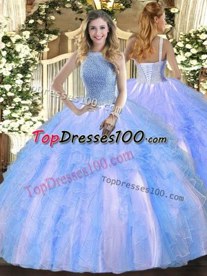 Floor Length Baby Blue 15 Quinceanera Dress Tulle Sleeveless Beading and Ruffles