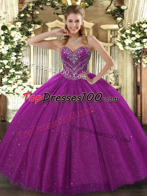 Fuchsia Ball Gowns Beading Quinceanera Gowns Lace Up Lace Sleeveless Floor Length