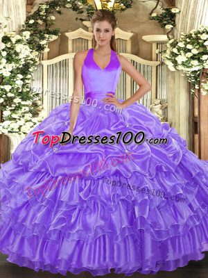 Sleeveless Floor Length Ruffled Layers and Pick Ups Lace Up Sweet 16 Dress with Lavender