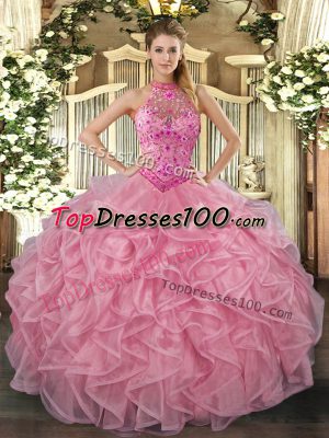 Discount Ball Gowns Quinceanera Gown Baby Pink Halter Top Organza Sleeveless Floor Length Lace Up