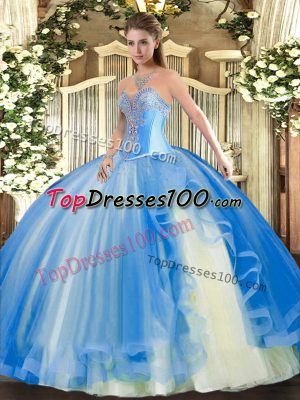 Fabulous Floor Length Lace Up Ball Gown Prom Dress Baby Blue for Military Ball and Sweet 16 and Quinceanera with Beading and Ruffles
