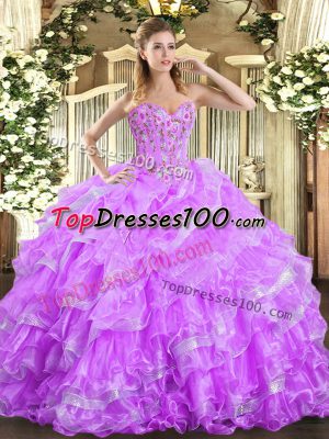 Lilac Sleeveless Floor Length Embroidery and Ruffled Layers Lace Up 15 Quinceanera Dress