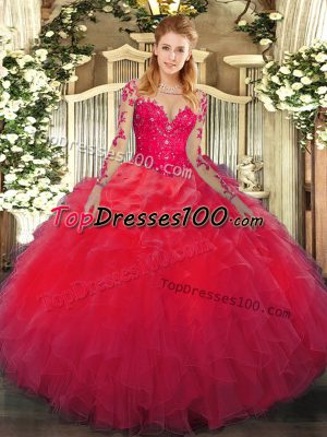 Floor Length Ball Gowns Long Sleeves Red Ball Gown Prom Dress Lace Up