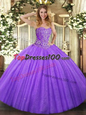 Lavender Lace Up Sweetheart Beading Sweet 16 Dresses Tulle Sleeveless