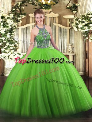 Green Quinceanera Gown Military Ball and Sweet 16 and Quinceanera with Beading Halter Top Sleeveless Lace Up