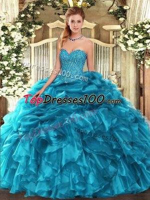 Teal Ball Gowns Beading and Ruffles and Pick Ups Sweet 16 Quinceanera Dress Lace Up Organza Sleeveless Floor Length