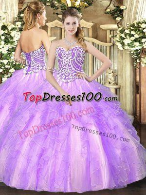 Adorable Lavender Ball Gowns Beading and Ruffles 15 Quinceanera Dress Lace Up Tulle Sleeveless Floor Length