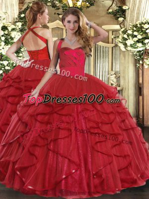 Super Ball Gowns Vestidos de Quinceanera Wine Red Halter Top Tulle Sleeveless Floor Length Lace Up