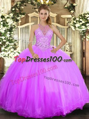 Custom Fit Lilac Ball Gowns Beading Vestidos de Quinceanera Lace Up Tulle Sleeveless Floor Length
